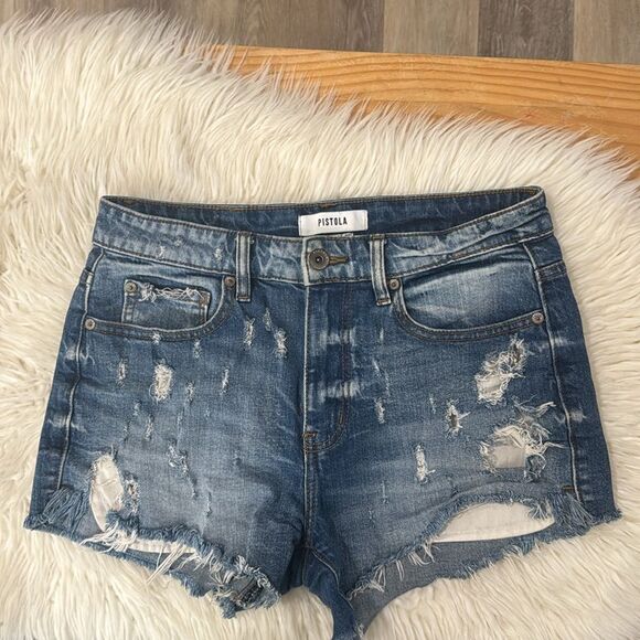 Pistola Blue Distressed Jean Shorts Raw Hem Size 26 - Picture 2 of 12